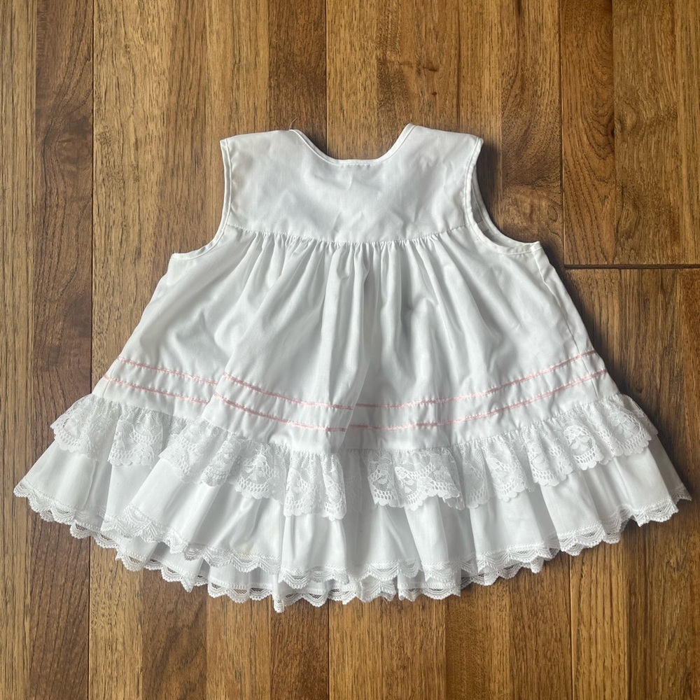 Vintage Bryan Baby Dress Pinafore‎ White Lace Pink Ribbon Cottage 1980s